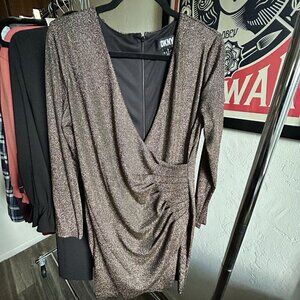DKNY Women's Black Gold V-Neck Long Sleeve Faux Wrap Dress Size 12 Stretch